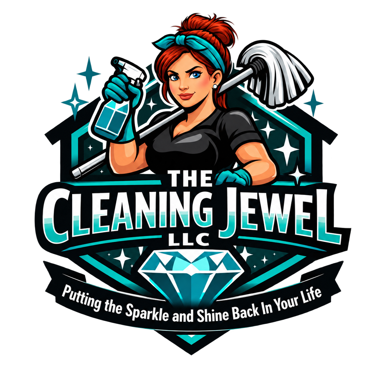 The Cleaning Jewel LLC logo with a red-haired cleaner, teal diamond, and Putting the Sparkle and Shine Back In Your Life tagline